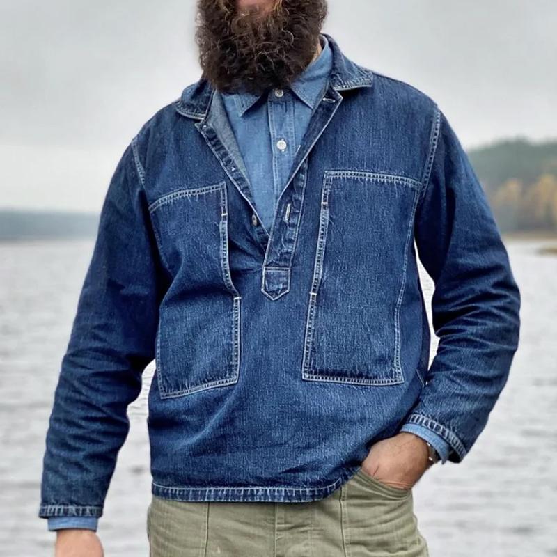 Men's Vintage Pocket Lapel Pullover Long Sleeve Denim Shirt