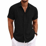 Men's Solid Color Lapel Cotton Linen Short Sleeve Shirt