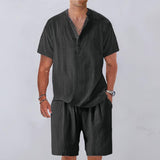 Men's Casual Linen Henley Shirt Stand Collar Short Sleeve Board Shorts Set