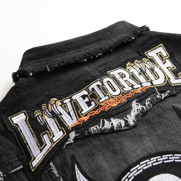 Men's Washed Embroidered Skull Denim Vest