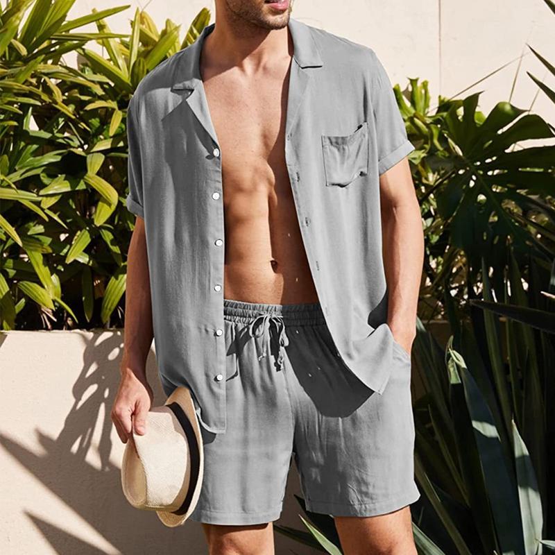 Men's Casual Loose Solid Color Linen Shirt Suit