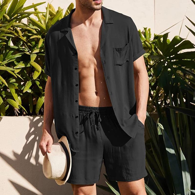 Men's Casual Loose Solid Color Linen Shirt Suit