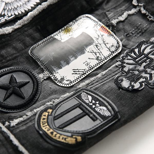 Men's Washed Embroidered Skull Denim Vest