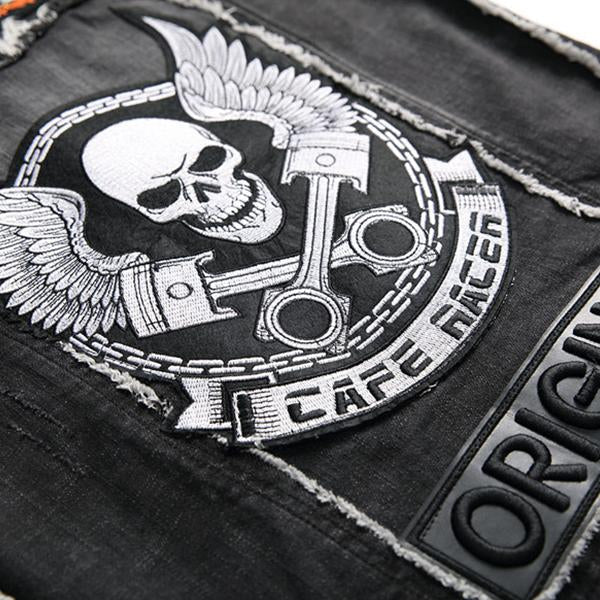 Men's Washed Embroidered Skull Denim Vest