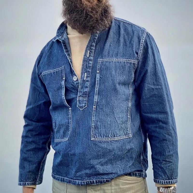 Men's Vintage Pocket Lapel Pullover Long Sleeve Denim Shirt