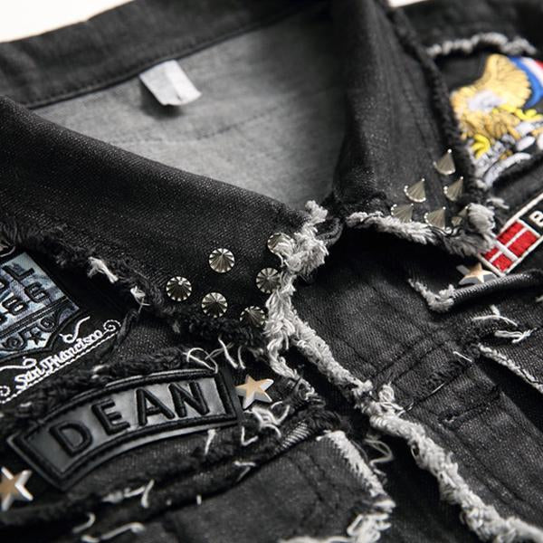 Men's Washed Embroidered Skull Denim Vest