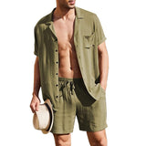 Men's Casual Loose Solid Color Linen Shirt Suit
