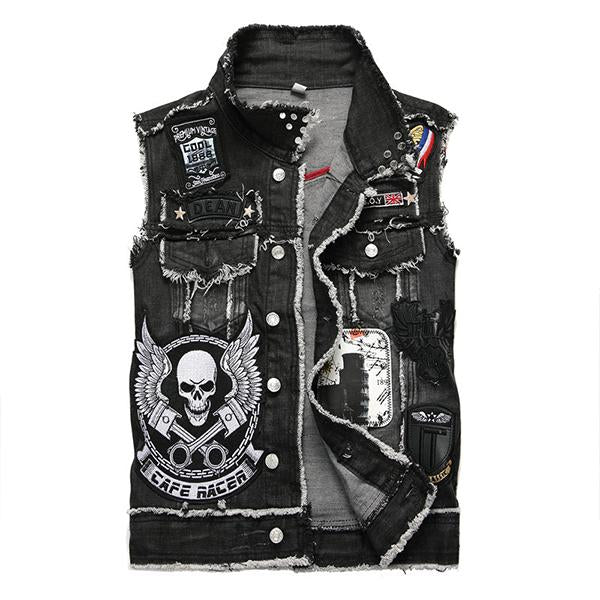 Men's Washed Embroidered Skull Denim Vest