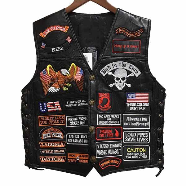 Men's Embroidered Badge Leather Cycling Vest
