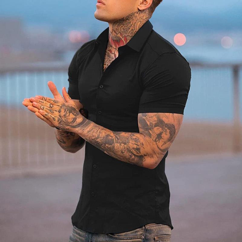 Men's Solid Lapel Short Sleeve Fitness Stretch Shirt