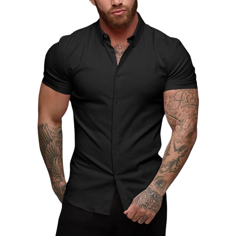 Men's Solid Lapel Short Sleeve Fitness Stretch Shirt