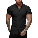 Men's Solid Lapel Short Sleeve Fitness Stretch Shirt