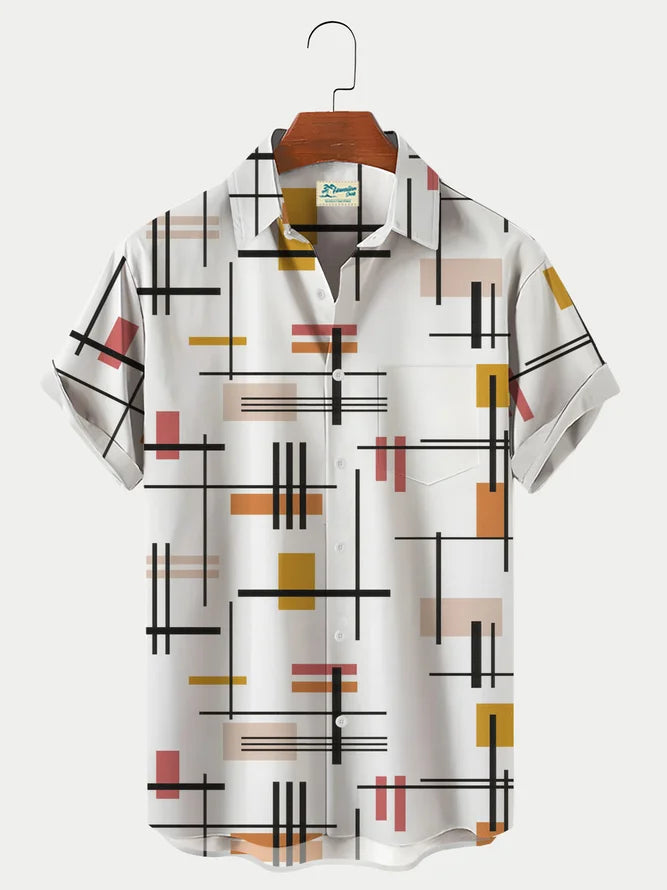 Men's Vintage Geometric Pattern Printed Hawaiian Shirt Breathable Plus Size Shirt