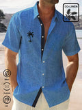 Hawaiian Blue Linen Denim Imitation Coconut Tree Print Chest Pocket Holiday Hawaiian Shirts