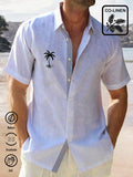 Hawaiian Blue Linen Denim Imitation Coconut Tree Print Chest Pocket Holiday Hawaiian Shirts