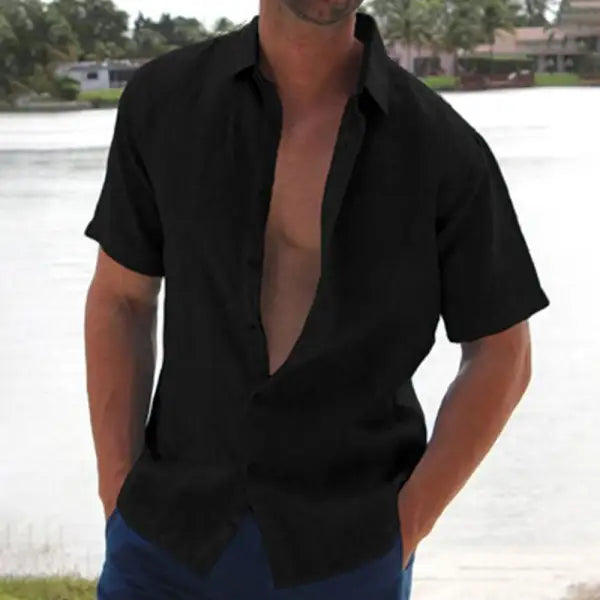 Summer Lapel Solid Color Short Sleeve Men's Linen Blouse