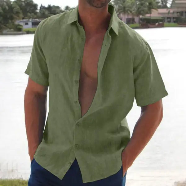 Summer Lapel Solid Color Short Sleeve Men's Linen Blouse