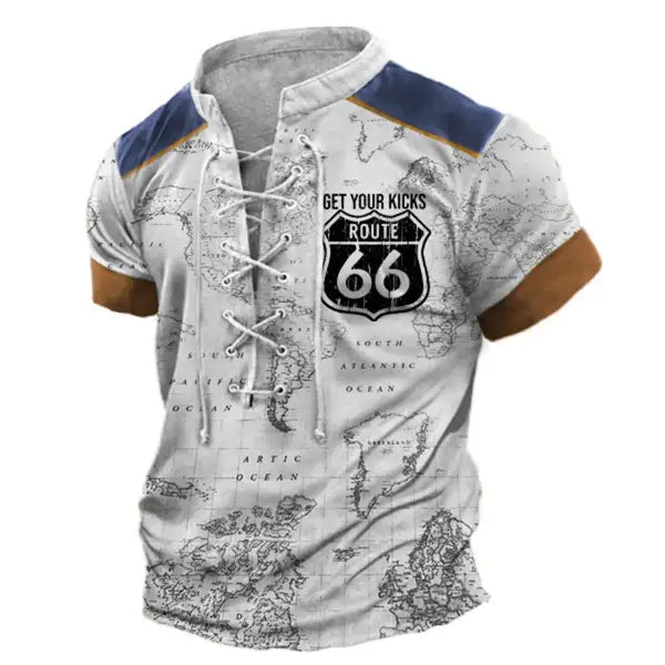 Men's Vintage World Map Route 66 Lace-Up Stand Collar T-Shirt