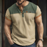 Plus Size Men's Outdoor Vintage Tactical Color Matching Pocket Henley T-Shirt