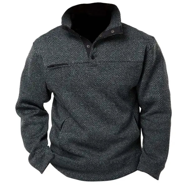 Men's Sweatshirt Snap Vintage Herringbone Tweed Pocket Daily Tops Pullover