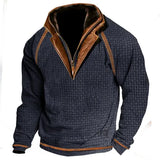 Men's Outdoor Casual Waffle Zip Polo Sweatshirt Double Layer Stand Collar Long Sleeve Vintage Contrast Tactical Pullover