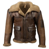Men Vintage Distressed Real Fur RAF B3 Bomber Genuine Sheepskin Leather Jacket