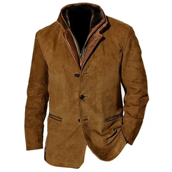 Men Vintage Suede Blazer Jackets Double Layer Lapel Fur Leather Collar Medium Length Coats