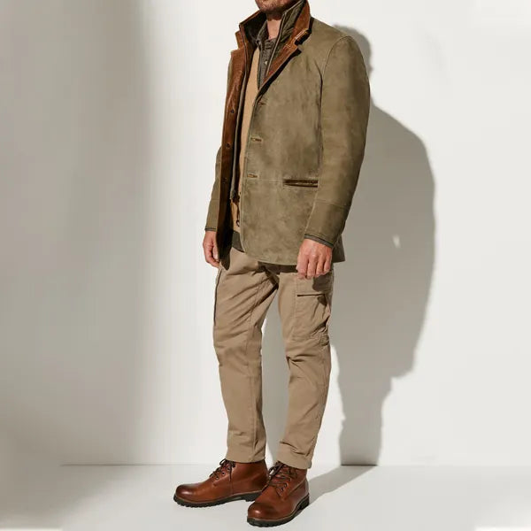 Men Vintage Suede Blazer Jackets Double Layer Lapel Fur Leather Collar Medium Length Coats