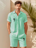 Hawaiian Coconut Tree Print Men's Button Pocket Two-Piece Shirt And Shorts Set