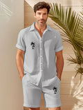 Hawaiian Coconut Tree Print Men's Button Pocket Two-Piece Shirt And Shorts Set