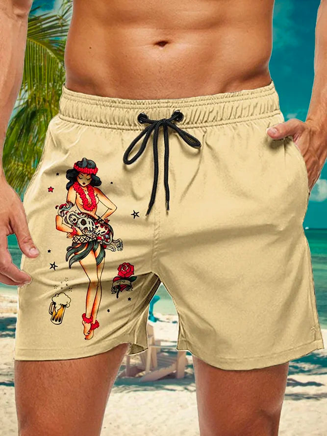 Retro Pin Up Girl Beauty Print Men's Beach Shorts Swimming Trunks