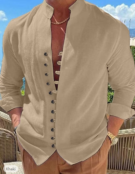 Men's Shirt Linen Shirt Button Up Shirt Casual Shirt Summer Shirt Black White Pink Long Sleeve Plain Band Collar Summer Spring & Fall Daily Vacation Clothing Apparel