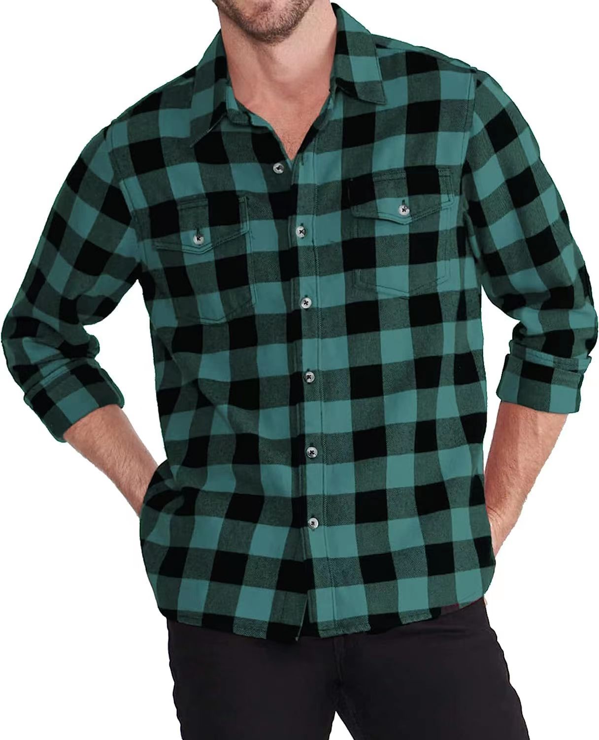 Men's Casual Plaid Contrast Print Lapel Long Sleeve Shirt