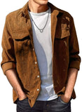 Men's Corduroy Button Down Shirts Casual Long Sleeve Shacket Jacket with Flap Pocket