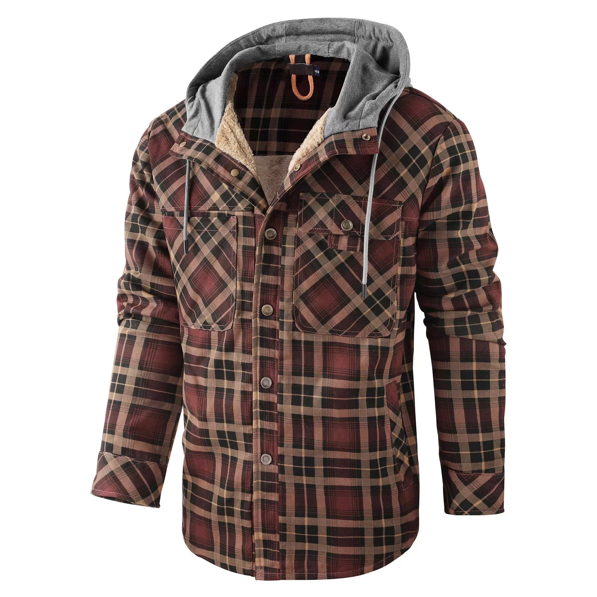 Men's Outdoor Vintage Plaid Fleece Warm Lapel Jacket