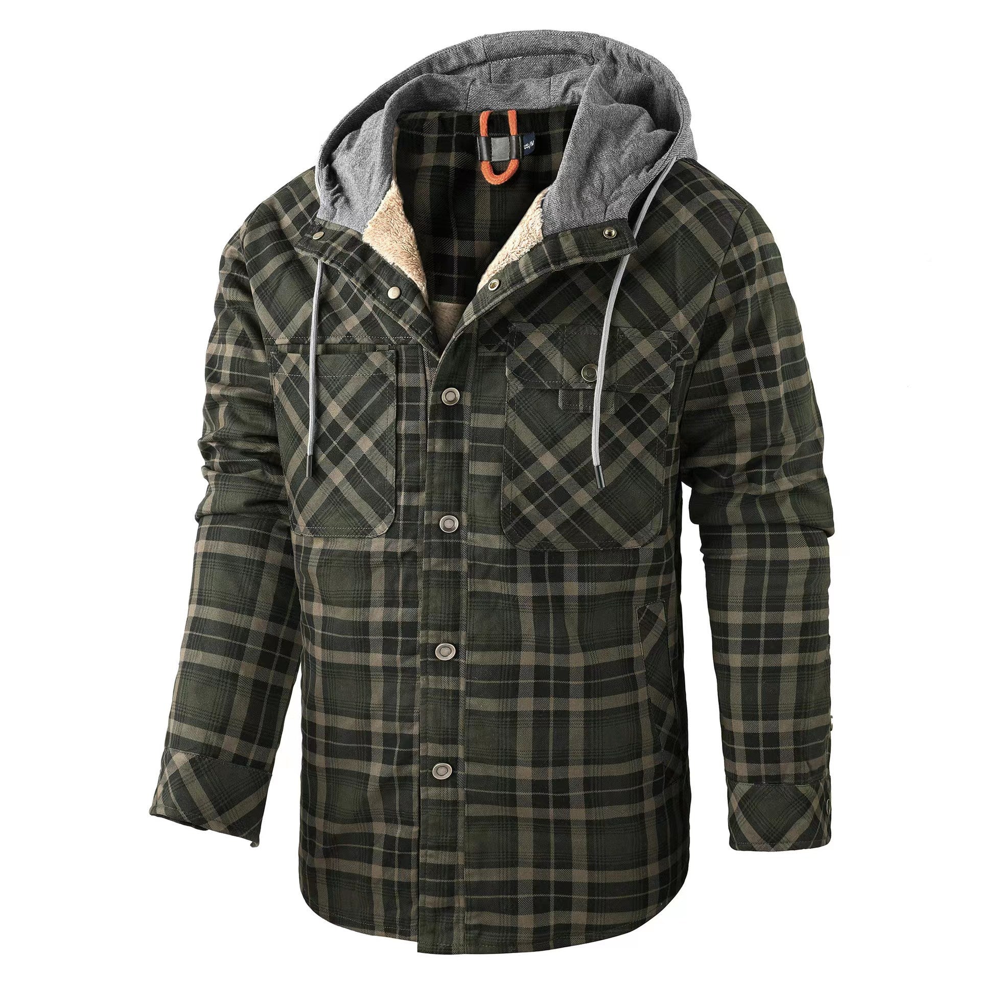 Men's Outdoor Vintage Plaid Fleece Warm Lapel Jacket