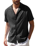 Men's Casual Cotton Solid Color Camp Collar Plain Short Sleeve Shirt