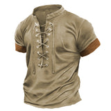 Plus Size Men's Vintage Lace Up Casual Colorblock Short Sleeve T-Shirt