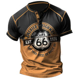 Men's Retro Patchwork Route 66 Graphic Print Henley Collar T-shirt
