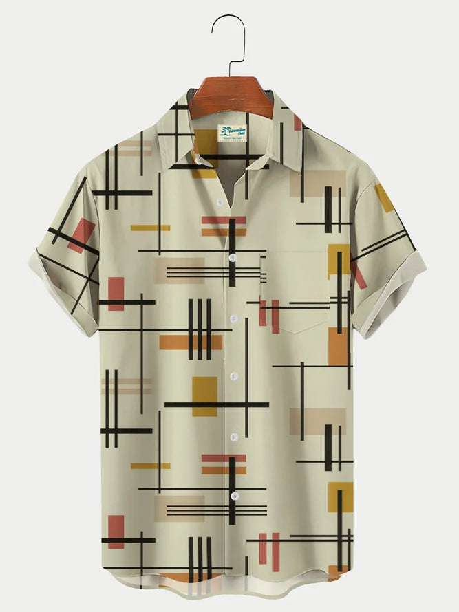Men's Vintage Geometric Pattern Printed Hawaiian Shirt Breathable Plus Size Shirt