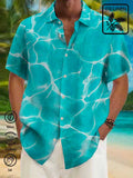 Cotton Hemp Hawaiian Blue Wavy Texture Art Men's Button Pocket Shirt