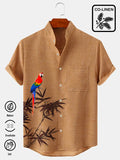 Cotton Linen Parrot Bamboo Leaf Men's Stand Collar Button Pocket Shirt