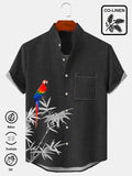 Cotton Linen Parrot Bamboo Leaf Men's Stand Collar Button Pocket Shirt