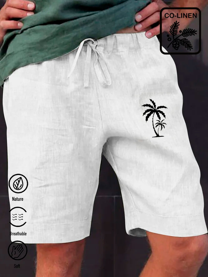 flax coconut tree print breathable moisture absorption casual shorts
