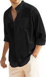 Men's Long Sleeve Cotton Linen Shirt Beach Button Down Shirts Casual Button Up Shirt Summer Yoga Tops with Pocket