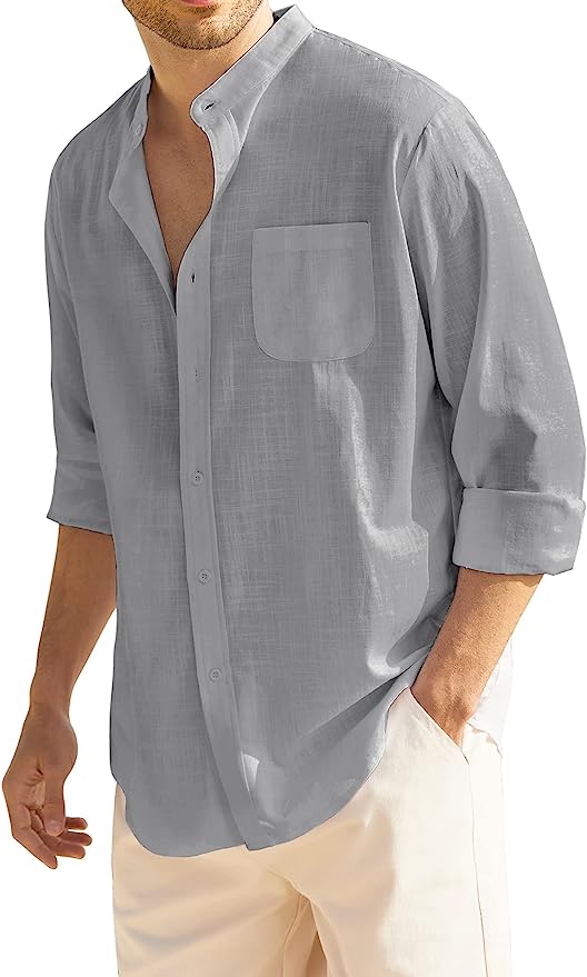 Men's Long Sleeve Cotton Linen Shirt Beach Button Down Shirts Casual Button Up Shirt Summer Yoga Tops with Pocket