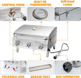 22" Portable Propane Gas Grill, 3-Burner Stainless Steel Tabletop BBQ with Foldable Legs, 30,000 BTU, Outdoor Camping & Tailgating Ready