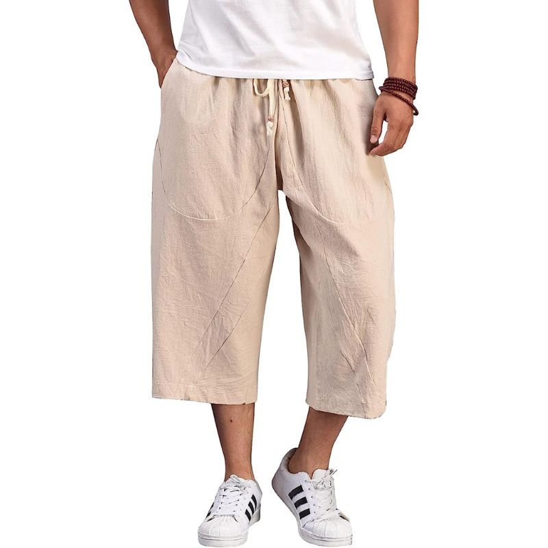 Men's Shorts Cotton Linen Capri Long Shorts Below Knee Loose Fit Elastic Loose Fit Drawstring Tapered Casual Pants