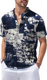 Men's Cotton Linen Henley Shirt Short Sleeve Hippie Casual Beach T Shirts with Pocket