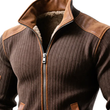 Outdoor Ribbed Zip-Up Jacket With Leather Accents